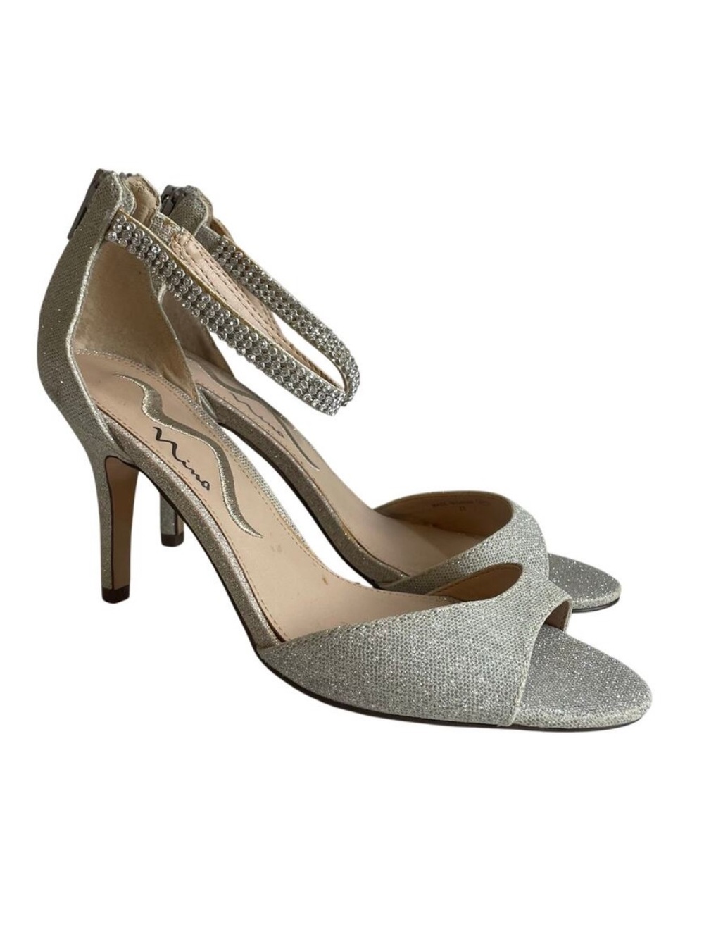 Nina Varetta Rhinestone Ankle Strap Peep Toe Stiletto Heels Silver Sz 6